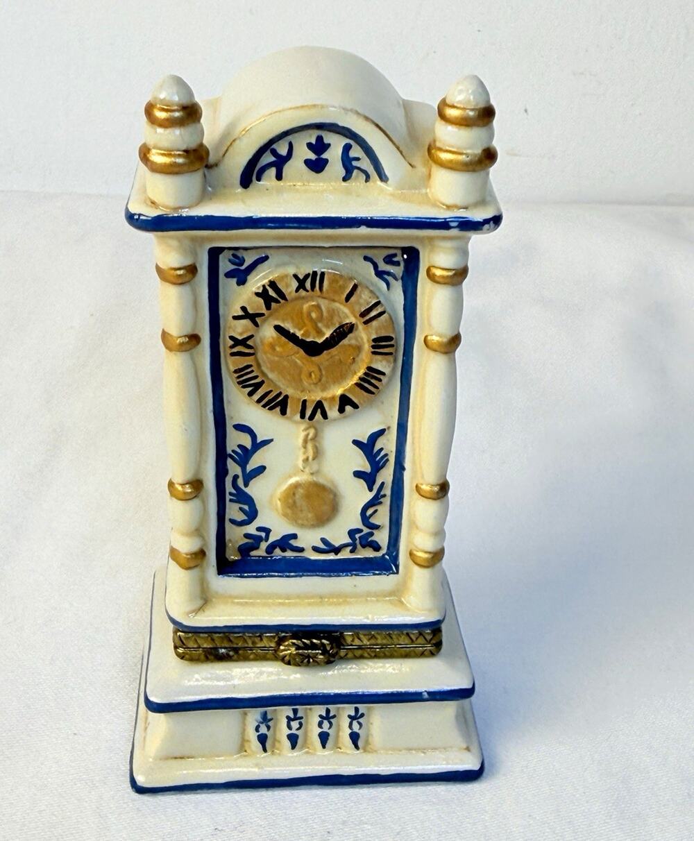 Porcelain Grandfather Clock Shaped Hinged Trinket Box Blue White Gold - Read
